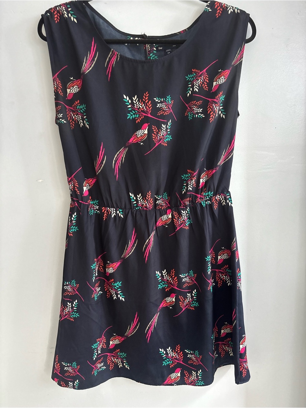 GAP Black Mini Dress with Pink & Teal Bird Print - Picture 1 of 4